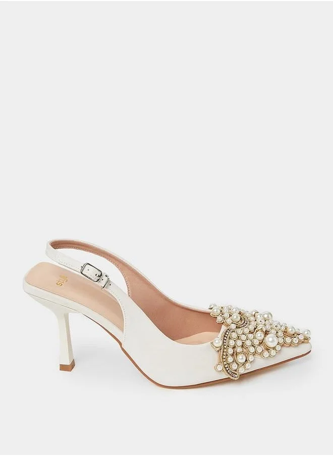 ستايلي Pearl Embellished Mid Heel Sling Back Pumps