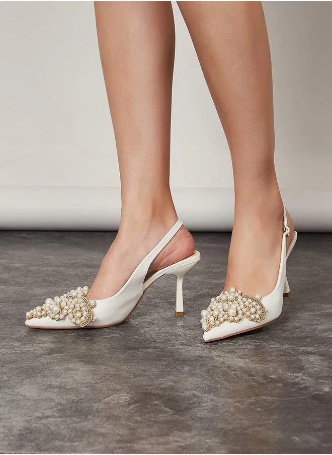 ستايلي Pearl Embellished Mid Heel Sling Back Pumps