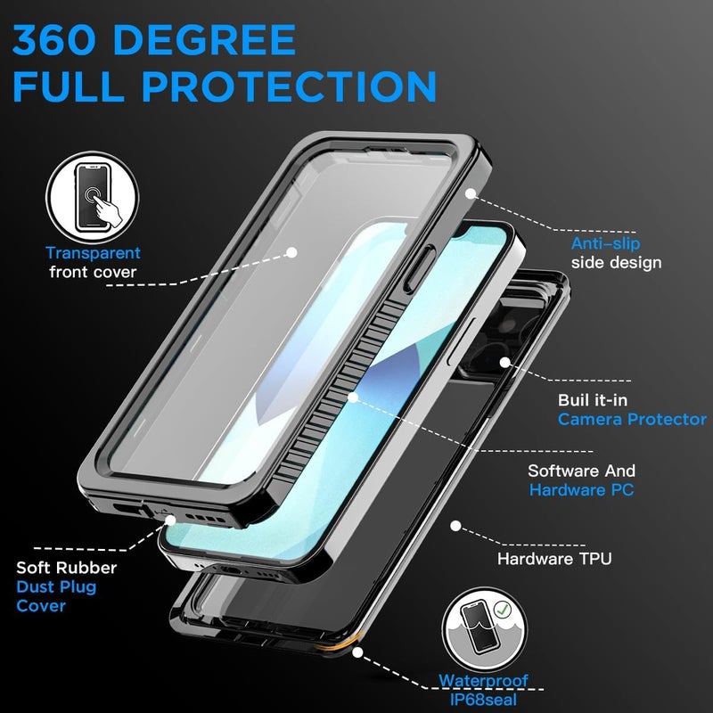 ايه اي كيس غطاء مقاوم للماء لهاتف iPhone 13 Mini (5.4 بوصة) مقاوم للثلوج والغبار والصدمات، معتمد بشهادة IP68 للحماية الكاملة للجسم، غطاء واقي مغلق بالكامل تحت الماء لهاتف Apple iPhone 13 Mini مقاس 5.4 بوصة - Image 3