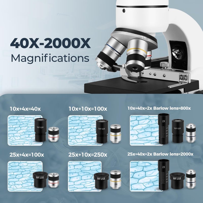 SAKO 40-2000X Microscope for Kids Students Adults, with Mechanical Stage, Carry Bag & Slides Set Metal Body Microscope for Science Education School Laboratory - Image 4