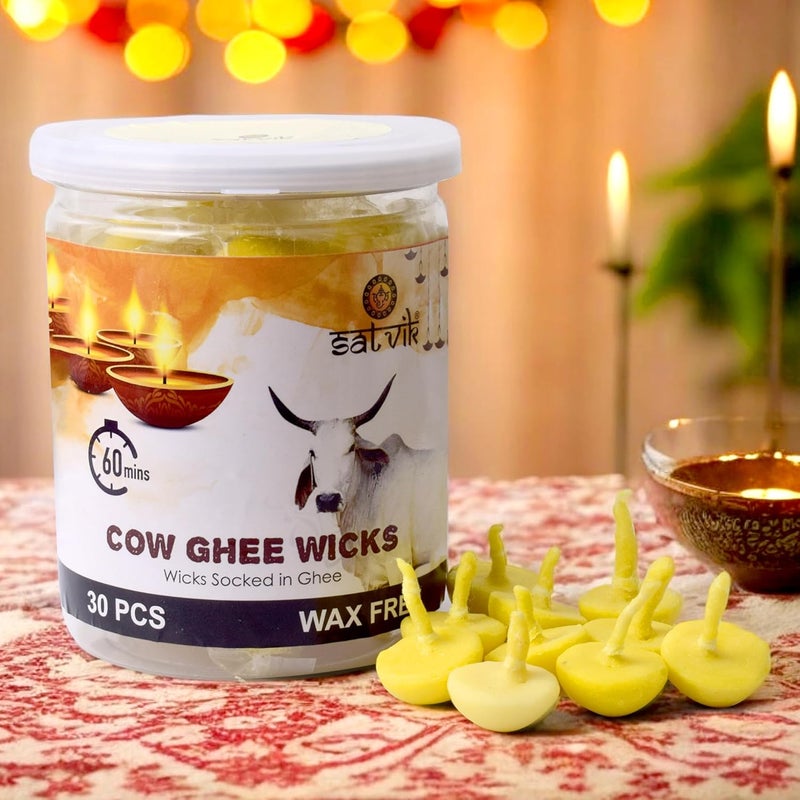 SATVIK 30 Pc Pure Cow Ghee Wicks Cotton Wicks Up to 60mints Burning Time Ideal for Hindu Pooja Wax Free Ghee Batti Jyot Batti Pooja Essentials Cow Ghee Wicks 30 Pc - Image 1