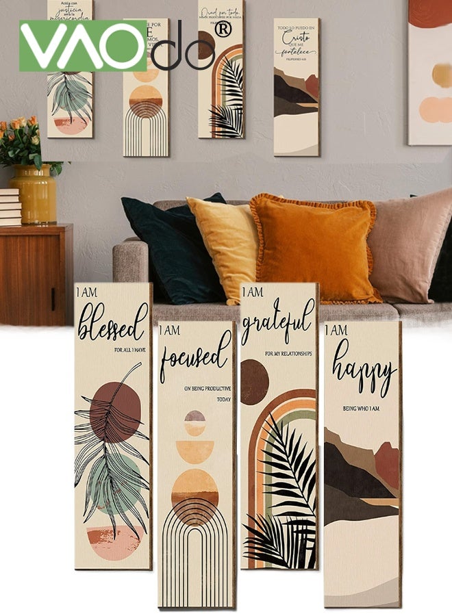 فاو دو 4 قطع من لوحات فنية جدارية مؤطرة من قماش بوهو، لوحة فنية جدارية بسيطة، لوحة زخرفية نباتية ريفية، مطبوعات فنية للديكور المنزلي، للمنزل الريفي والمكتب والمدرسة والفندق 30*10*0.5 سم - Image 1