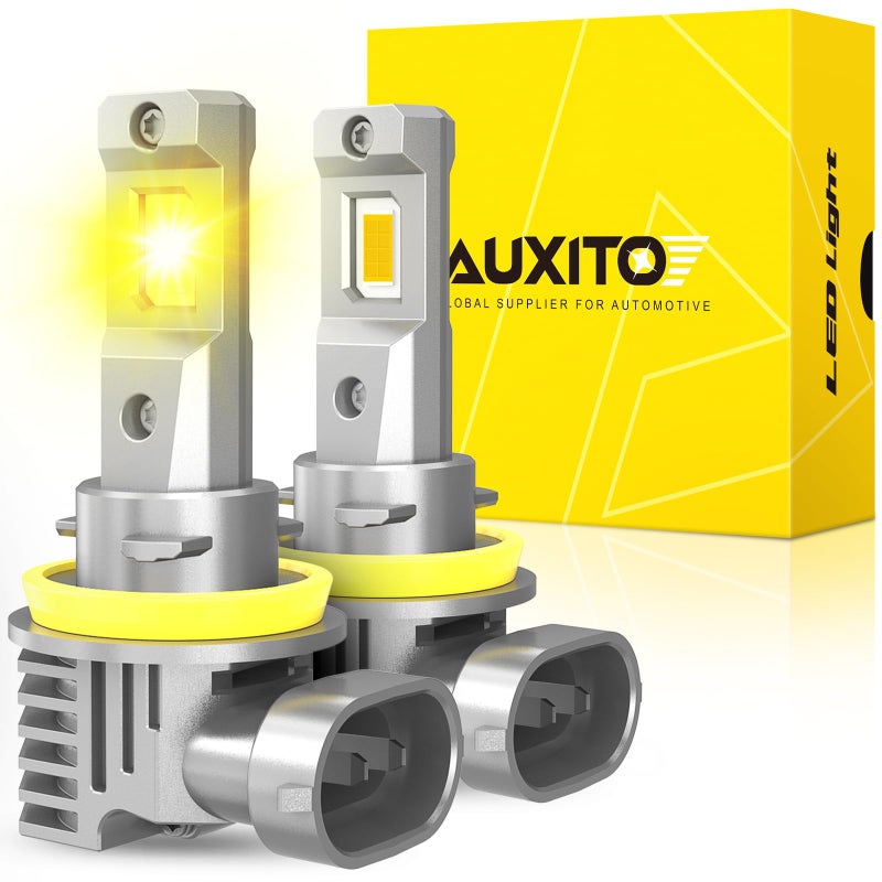 مصابيح ضباب LED AUXITO H11H8H16 أو DRL 3000K ضوء أصفر كهرماني 600 سطوع فائق بدون مروحة حجم صغير استبدال مصابيح الضباب للسيارات حزمة من 2