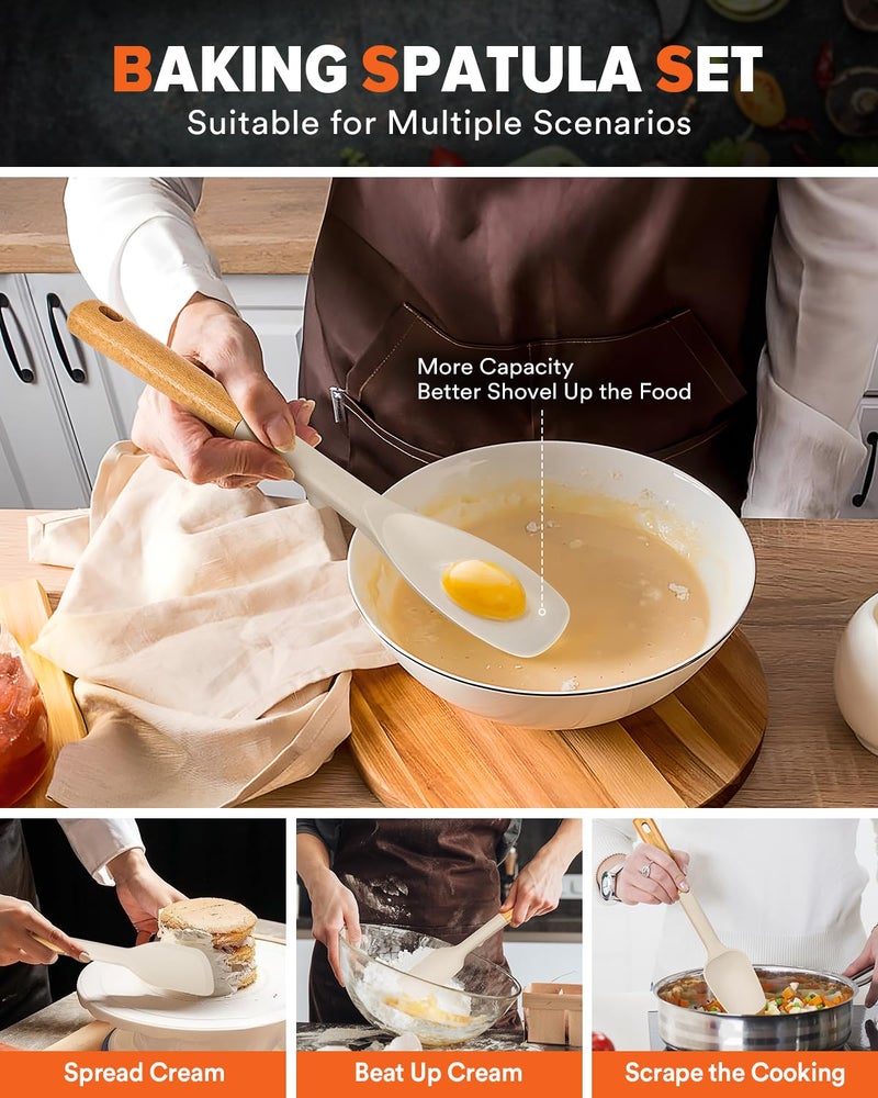Badiano Silicone Spatula Spoon Set, Great for Mixing, Folding, Scraping, and Spreading, Sturdy BPA-Free Matte Silicone, Wooden Handle Rubber Spoonula for Nonstick Cookwares,4 Pack (KHAKI) - Image 4