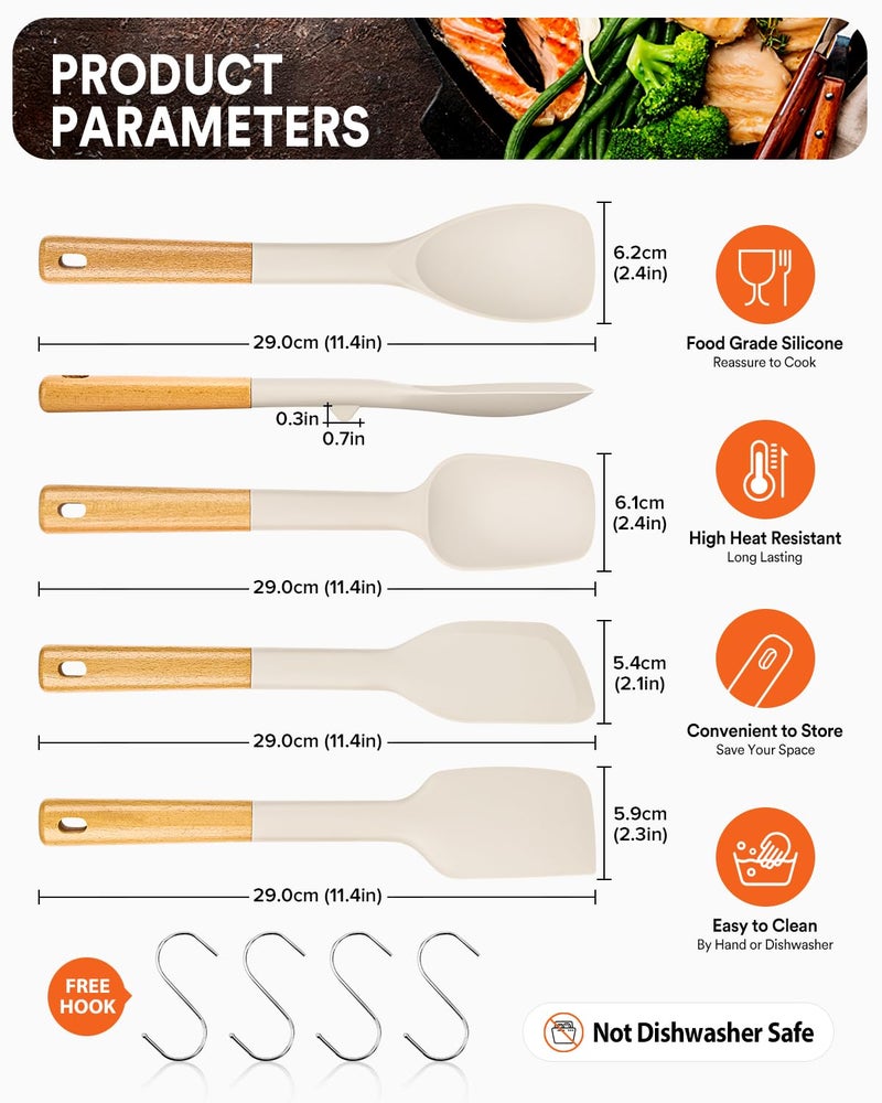 Badiano Silicone Spatula Spoon Set, Great for Mixing, Folding, Scraping, and Spreading, Sturdy BPA-Free Matte Silicone, Wooden Handle Rubber Spoonula for Nonstick Cookwares,4 Pack (KHAKI) - Image 2
