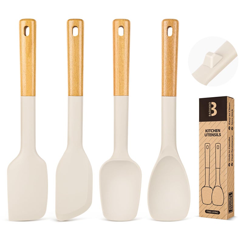 Badiano Silicone Spatula Spoon Set, Great for Mixing, Folding, Scraping, and Spreading, Sturdy BPA-Free Matte Silicone, Wooden Handle Rubber Spoonula for Nonstick Cookwares,4 Pack (KHAKI) - Image 1