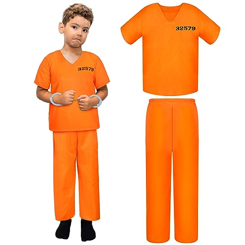 Poen Kids Prisoner Costume Halloween Set Orange Prisoner Jumpsuit with Handcuffs and ID Card for Boys Girls Children CosplayLarge - Image 1