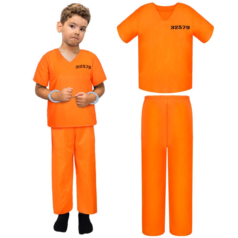 Poen Kids Prisoner Costume Halloween Set Orange Prisoner Jumpsuit with Handcuffs and ID Card for Boys Girls Children CosplayLarge - Image 3