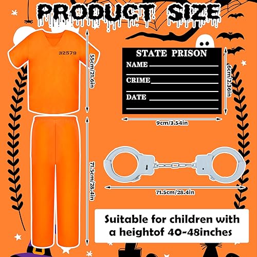 Poen Kids Prisoner Costume Halloween Set Orange Prisoner Jumpsuit with Handcuffs and ID Card for Boys Girls Children CosplayLarge - Image 5
