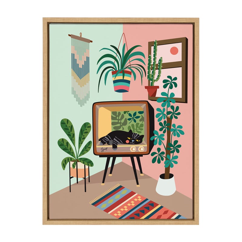 Kate and Laurel Kate and Laurel Sylvie TV Cat Bed Framed Canvas Wall Art by Rachel Lee of My Dream Wall 18x24 Natural Decorative Calming Midcentury Art Print for Wall 