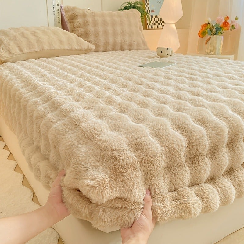 Solid Color Faux Rabbit Fur Plush Fitted Sheet, 30cm Deep Pocket Design, Full-Wrap Anti-Slip Mattress Protector, Thickened and Warm for Autumn/Winter, Suitable for Bedrooms, Hotels, Dormitories, Holiday Gift - Image 2