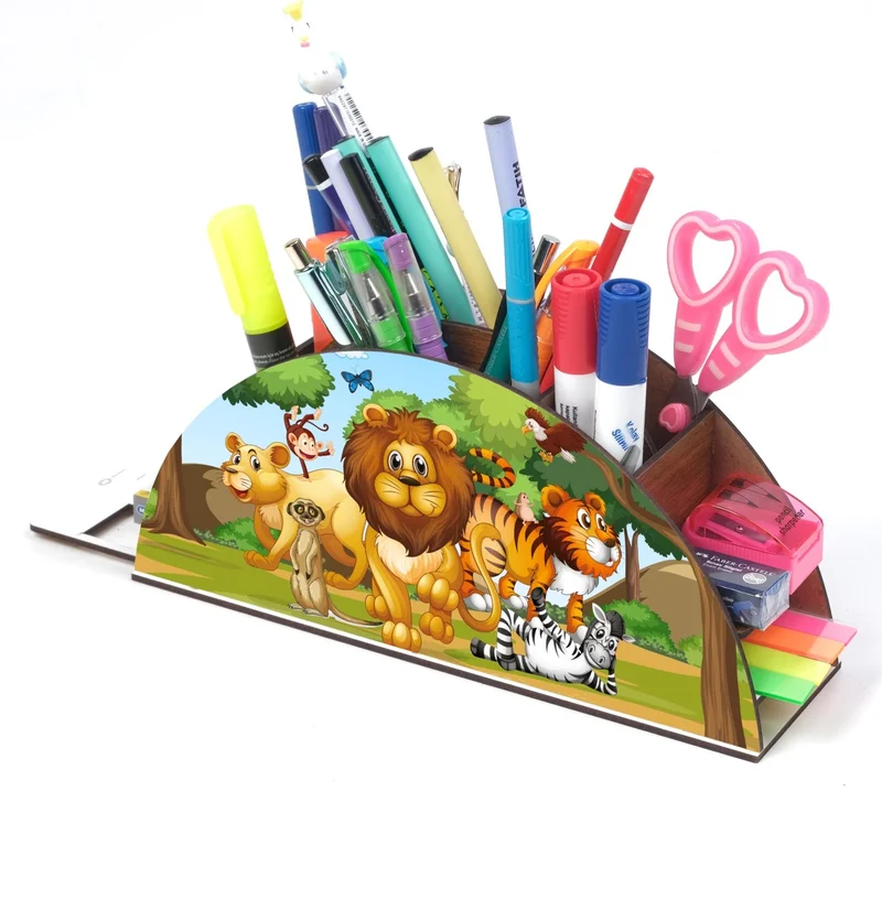 Notpa Wooden Lion and His Team in the Forest Rainbow Ruler Desktop Pen Holder Box Kids Organizer GK14