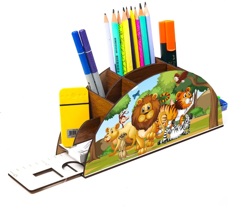 Notpa Wooden Lion and His Team in the Forest Rainbow Ruler Desktop Pen Holder Box Kids Organizer GK14