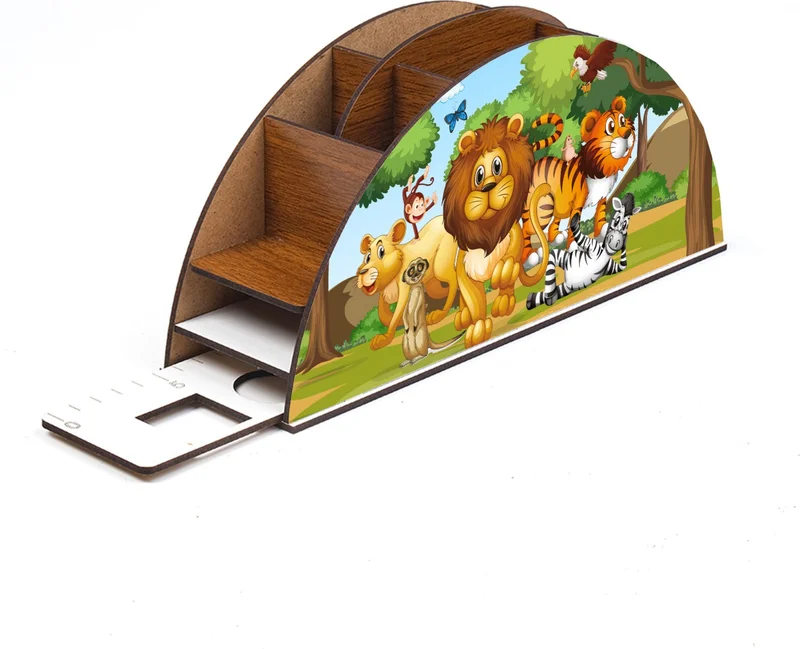 Notpa Wooden Lion and His Team in the Forest Rainbow Ruler Desktop Pen Holder Box Kids Organizer GK14