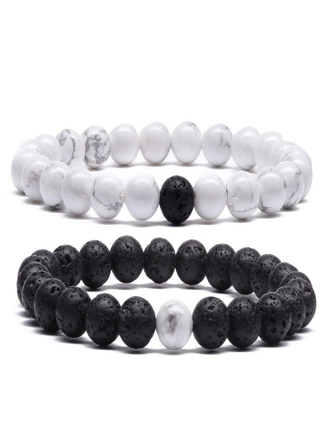 MengPa Mens Beaded Bracelets Couples Matching Bracelet Set Lava Rock Beads for Women Stone Jewelry (Howlite-White) US4163E - Image 1