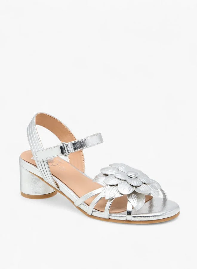 بابلوسكي صنادل بكعب عريض بزخارف زهور للبنات بإغلاق لاصق