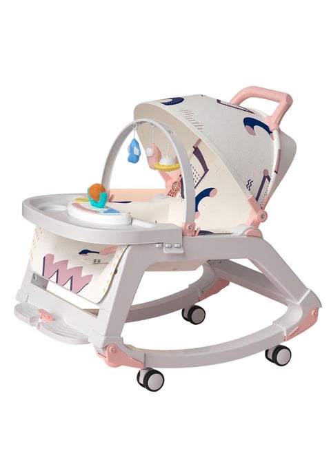 4-1 Baby Bouncer，Baby Bouncer and Push Walker Cambo，Ifant to Toddler Adjustable Bouncer Chair，Portable Rocker Chair with Wheels,Toy Snack Tray and Canopy for Outdoor