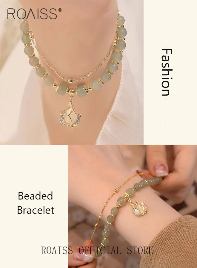 roaiss Fashion Jade Beads Two Layer Bracelet Women Girls Bracelet Leaf Lucky Jewelry Gifts Exquisite Bracelets Gemstone - Image 3