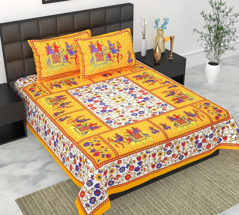 E-WISH BOX EWISH BOX Traditional Rajasthani Print Double Bedsheet Set with 2 Pillow Covers Yellow and White Elephant and Folk Art Design - Image 2