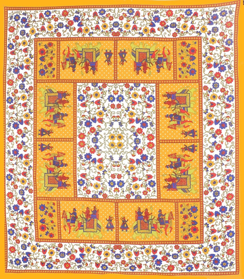 E-WISH BOX EWISH BOX Traditional Rajasthani Print Double Bedsheet Set with 2 Pillow Covers Yellow and White Elephant and Folk Art Design - Image 4