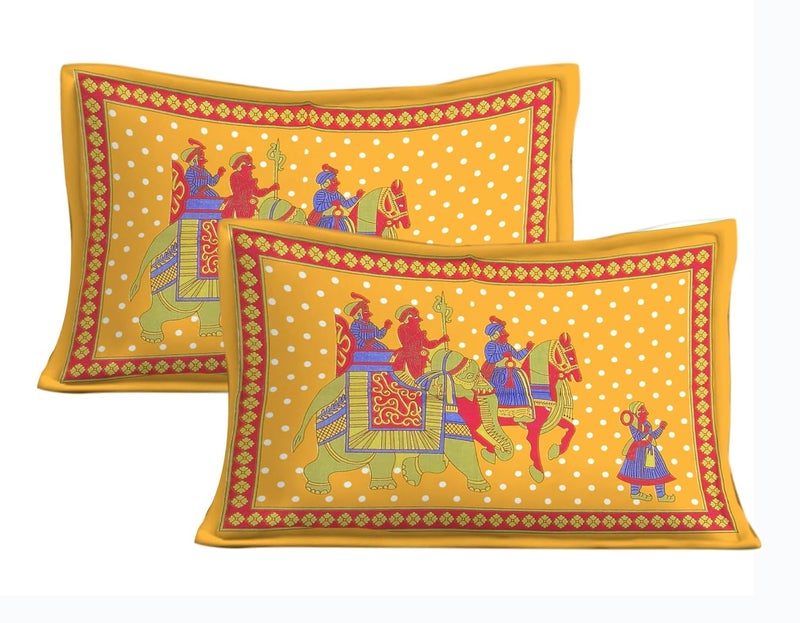 E-WISH BOX EWISH BOX Traditional Rajasthani Print Double Bedsheet Set with 2 Pillow Covers Yellow and White Elephant and Folk Art Design - Image 3