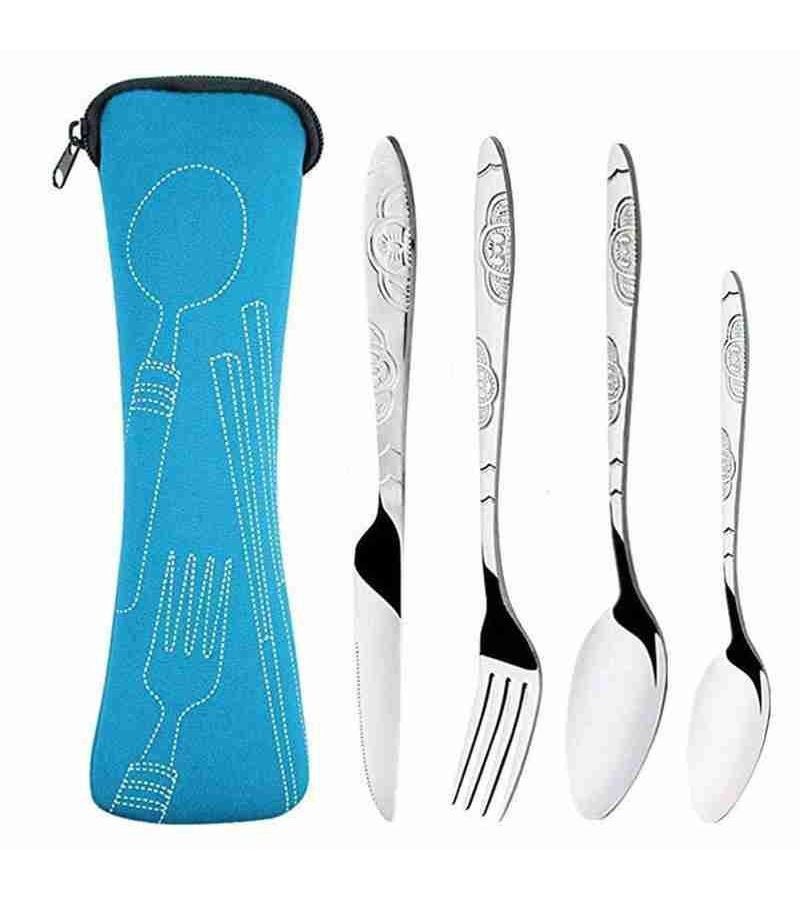 Blue 4 Pcs Stainless Steel Cutlery Set Portable Printed Knife Fork Spoon Family Camping Dinnerware with Bag - Image 1