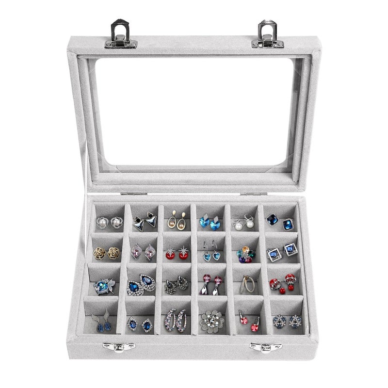 EONGOA Velvet Jewelry Box 24 Grid Jewelry Earrings Display Organiser Box Ring Tray Holder Earrings Storage Case for Girls Women Wife Mom (Gray) - Image 1
