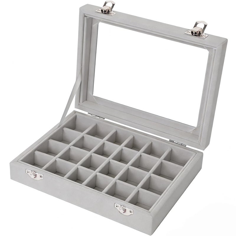 EONGOA Velvet Jewelry Box 24 Grid Jewelry Earrings Display Organiser Box Ring Tray Holder Earrings Storage Case for Girls Women Wife Mom (Gray) - Image 4