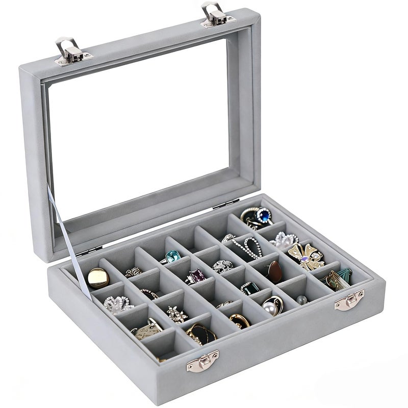 EONGOA Velvet Jewelry Box 24 Grid Jewelry Earrings Display Organiser Box Ring Tray Holder Earrings Storage Case for Girls Women Wife Mom (Gray) - Image 3