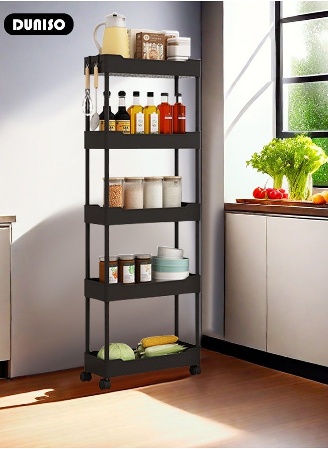 DUNISO - 5 Tier Rolling Cart Organizer with Wheels, Large Capacity Shelves, Multi-Purpose Storage Rack  Plastic Rolling Utility Organizer Rack,Storage Basket Organizer Shelves for Bathroom, Kitchen, Livingroom, Bedroom - Image 1