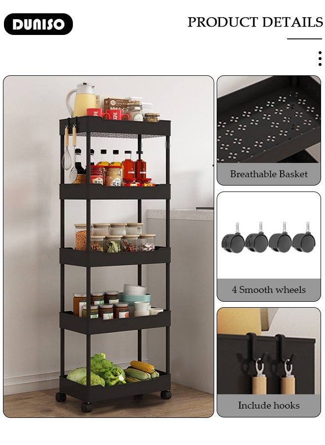 DUNISO 5 Tier Rolling Cart Organizer with Wheels, Large Capacity Shelves, Multi-Purpose Storage Rack  Plastic Rolling Utility Organizer Rack,Storage Basket Organizer Shelves for Bathroom, Kitchen, Livingroom, Bedroom  - Image 2