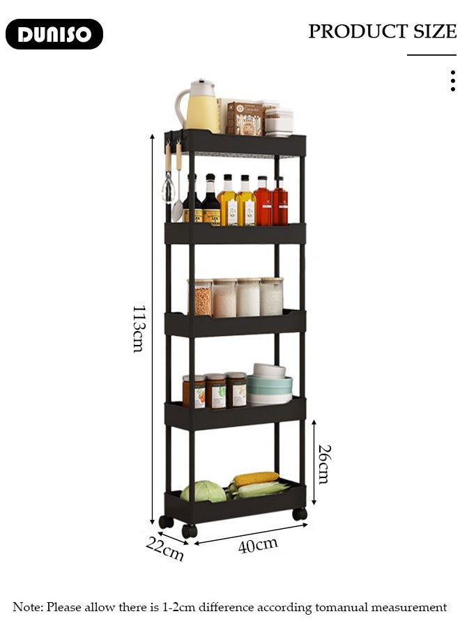 DUNISO 5 Tier Rolling Cart Organizer with Wheels, Large Capacity Shelves, Multi-Purpose Storage Rack  Plastic Rolling Utility Organizer Rack,Storage Basket Organizer Shelves for Bathroom, Kitchen, Livingroom, Bedroom  - Image 4