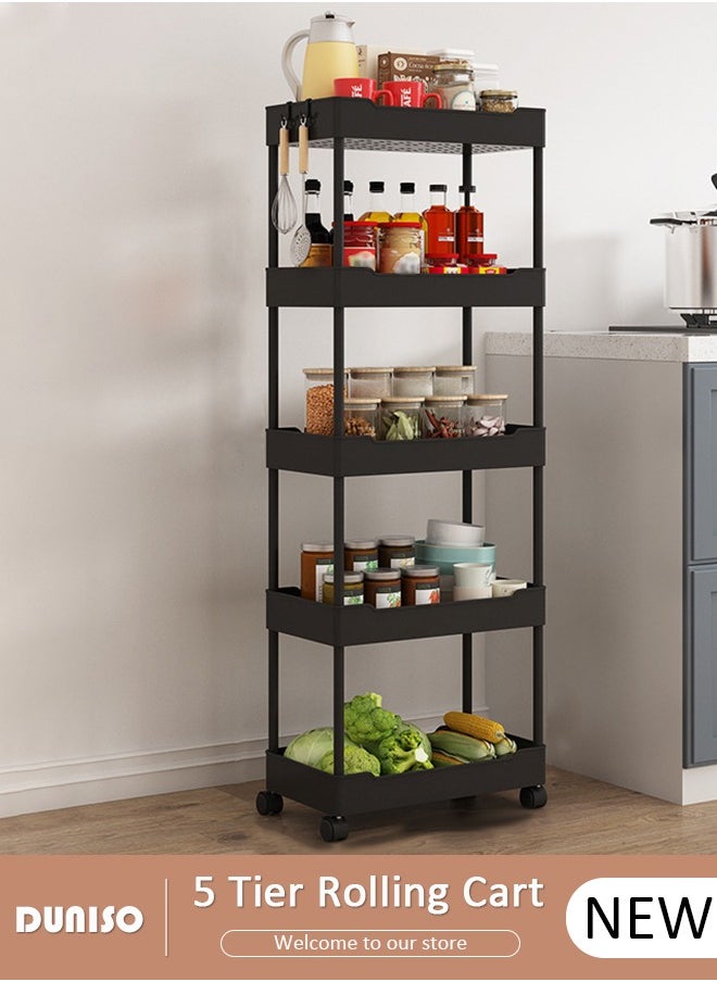 DUNISO 5 Tier Rolling Cart Organizer with Wheels, Large Capacity Shelves, Multi-Purpose Storage Rack  Plastic Rolling Utility Organizer Rack,Storage Basket Organizer Shelves for Bathroom, Kitchen, Livingroom, Bedroom  - Image 1