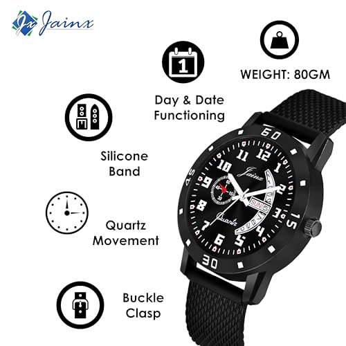 jainx Silicone Strap Black Day and Date Feature Analog Wrist Watch for Men & Boys - JM396 - Image 3