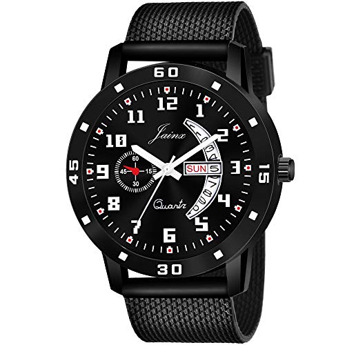 jainx Silicone Strap Black Day and Date Feature Analog Wrist Watch for Men & Boys - JM396 - Image 1