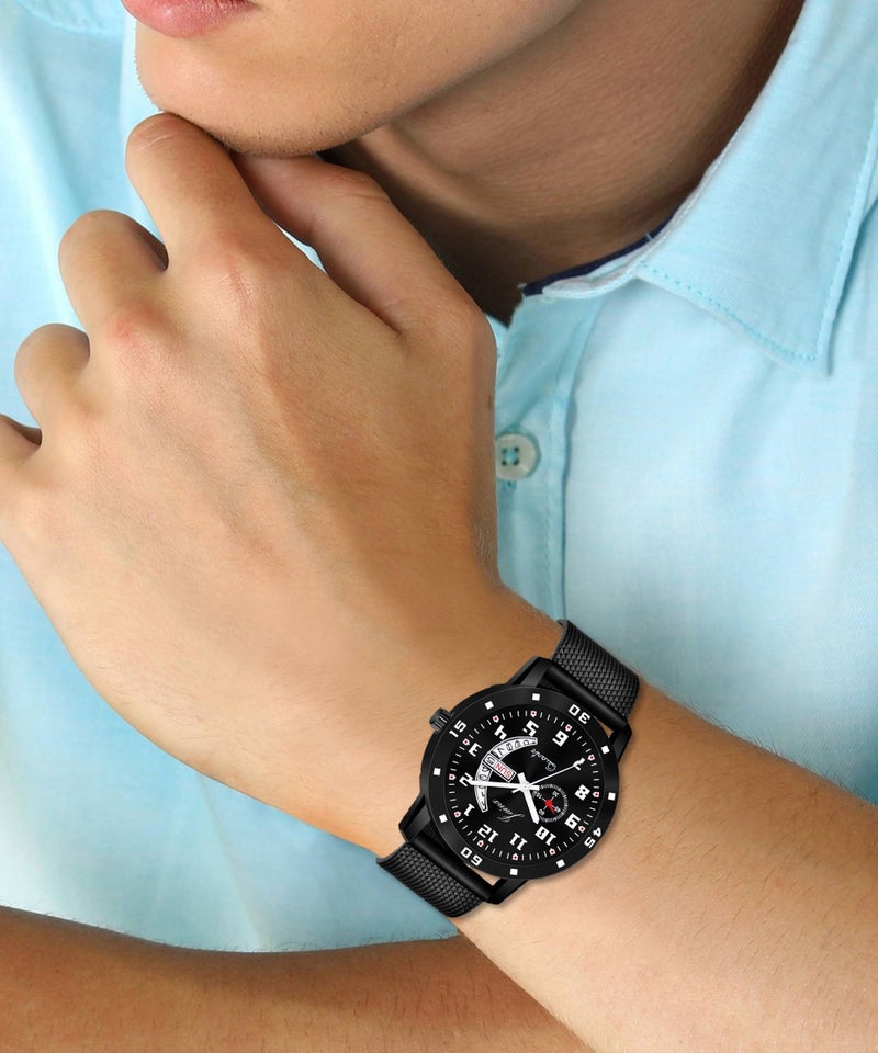 jainx Silicone Strap Black Day and Date Feature Analog Wrist Watch for Men & Boys - JM396 - Image 4