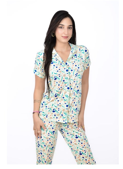 Lightweight Summer Pajamas – Pajama Set with Floral Print – Button Top