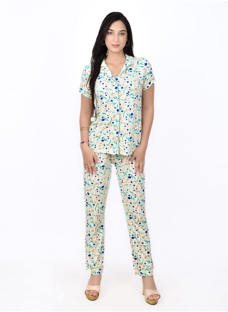 Generic - Lightweight Summer Pajamas – Pajama Set with Floral Print – Button Top - Image 1