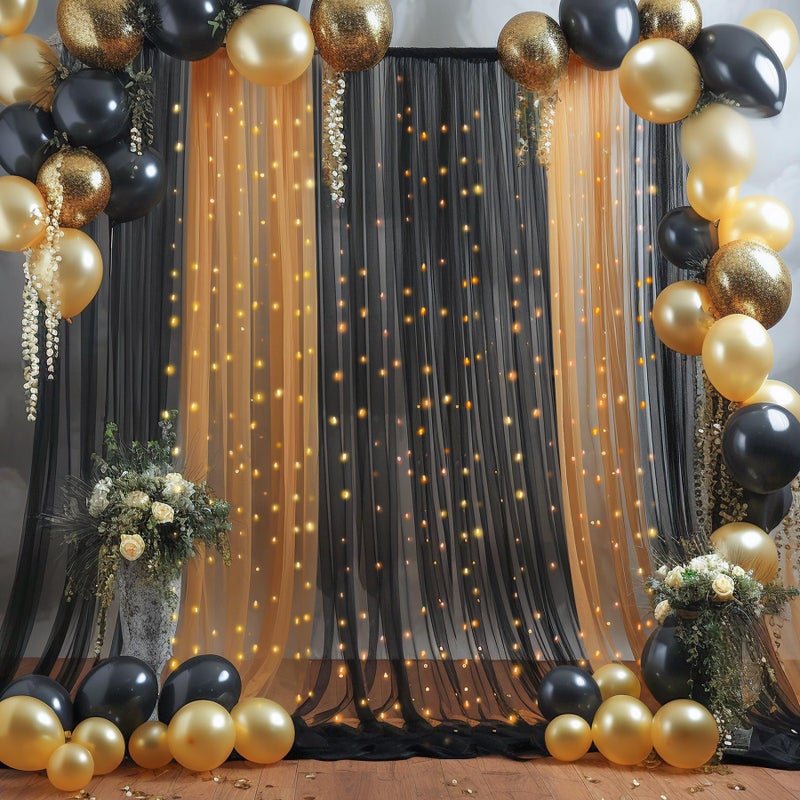 PARTISKY 10x10ft Black Tulle Backdrop Curtain with Lights String for Parites, Sheer Photo Backdrop Drapes for Wedding Baby Shower Birthday Party Photo Shoot Decorations - Image 4