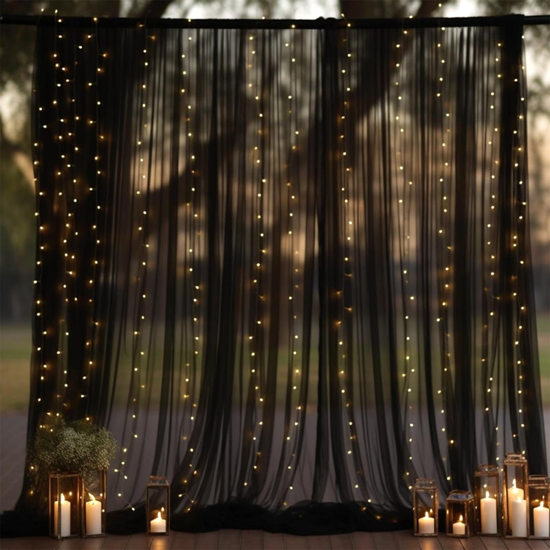 PARTISKY 10x10ft Black Tulle Backdrop Curtain with Lights String for Parites, Sheer Photo Backdrop Drapes for Wedding Baby Shower Birthday Party Photo Shoot Decorations - Image 1