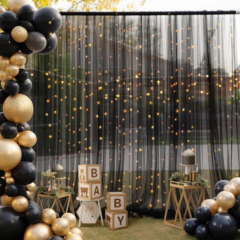 PARTISKY 10x10ft Black Tulle Backdrop Curtain with Lights String for Parites, Sheer Photo Backdrop Drapes for Wedding Baby Shower Birthday Party Photo Shoot Decorations - Image 2