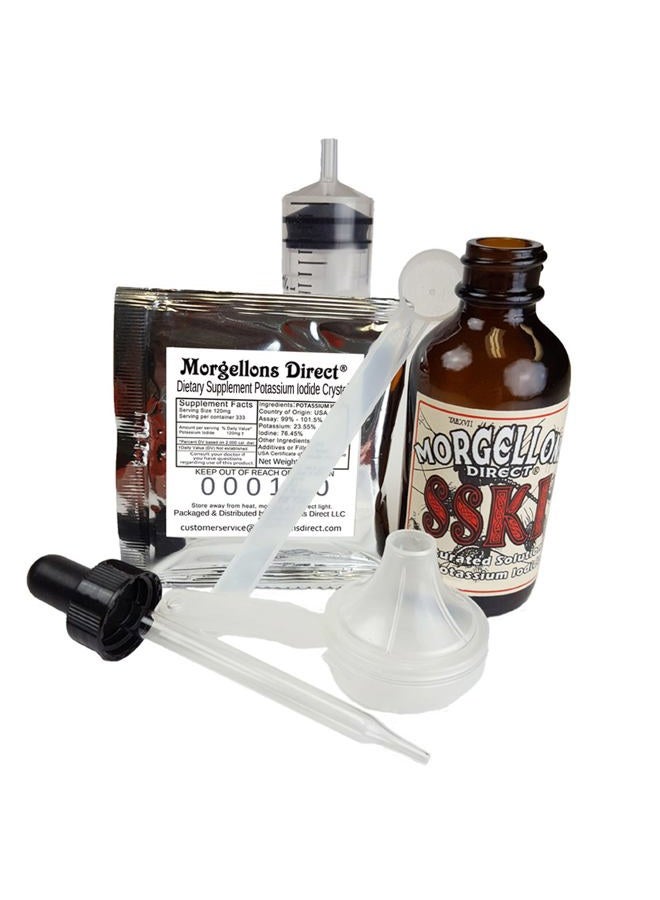 Morgellons Direct مجموعة خلط محلول يوديد البوتاسيوم SSKI تشمل الأدوات اللازمة والمكمل الغذائي المقاس مسبقًا بلورات يوديد البوتاسيوم. فقط أضف الماء المقطر. - Image 1