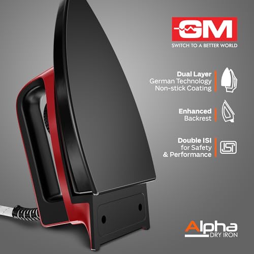 GM Alpha 1000 Watt Dry Iron for Wrinkle-Free Ironing With Dual Layer German Technology Non-Stick Coating - Red - Image 4