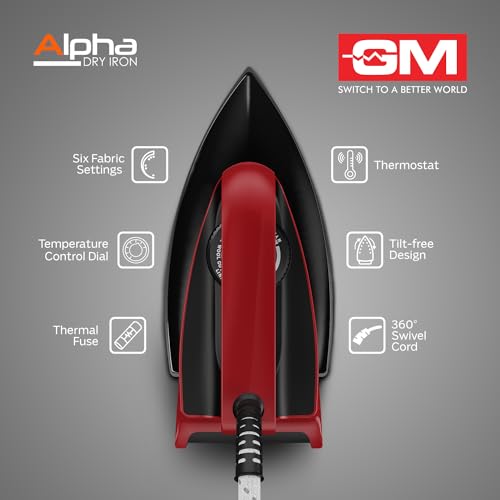 GM Alpha 1000 Watt Dry Iron for Wrinkle-Free Ironing With Dual Layer German Technology Non-Stick Coating - Red - Image 3