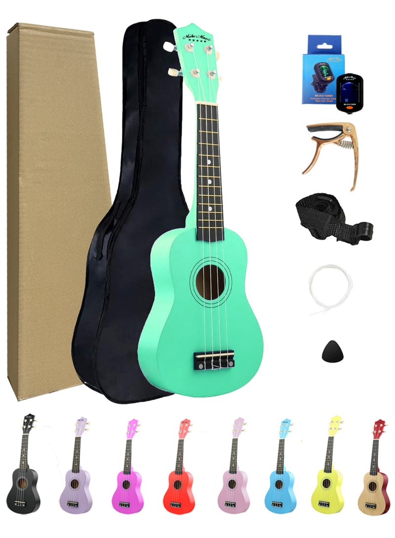 Mike Music Beginner Ukulele Set for Kids Adults 21 inch Ukuleles Starter Kit Hawaii Mini Guitars for Students Small Guitar Ukulele with Gig Bag, Digital Tuner, Capo, Belt, 1 Spare String and Pick (Green)  - Image 1