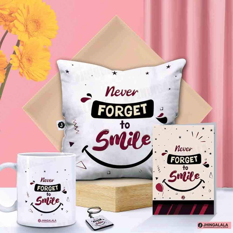 Jhingalala Jhingalala Never Forget to Smile Printed Cushion Mug Key Chain Greeting Card Combo Gift Pack Gift for Birthday Gift for Friends Gift for Sister Gift for Brother Gift for Son Gift for Daughter