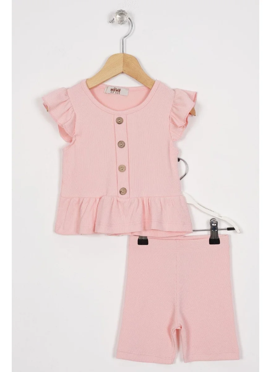 Zepkids Skirt with Frilled Button Detail Powder Color Girl's Tights Set