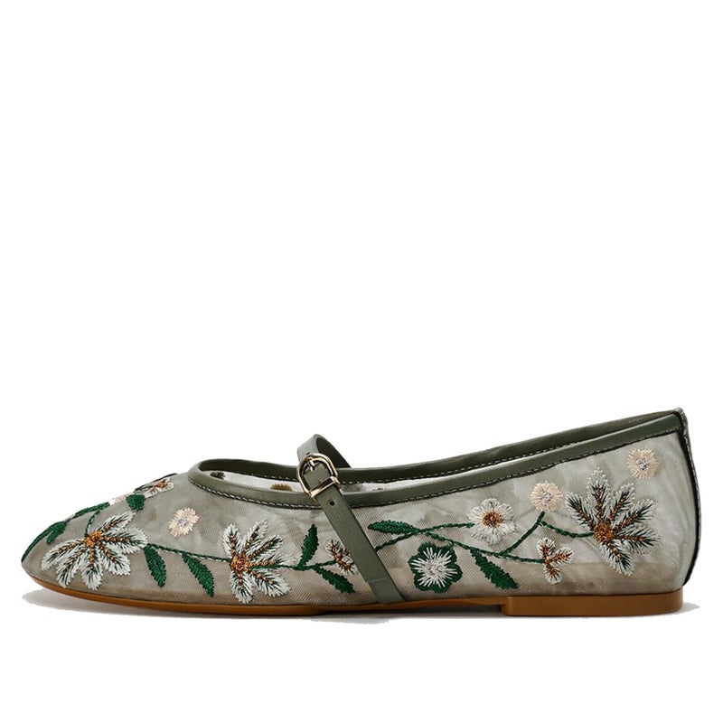 MRKEWUNEY Mesh Ballet Flats for Women Embroidered Floral Round Toe Mary Jane Flats Comfortable Ballerina Flats with Strap Green Size 39
