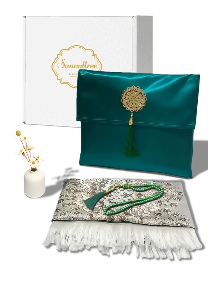 3PCS PRAYER MAT SET WITH BOX, BEAUTIFUL PRAYER MAT, WITH POUCH AND TASBIH, PREMIUM QUALITY SKIN FRIENDLY MATERIEL, FOLDABLE PRAYER CARPET MAT, IDEAL FOR HOME, TRAVELLING, AT OFFICE, AT WORK, FOR RAMADAN, EID ETC, BEST GIFT IDEA PRAYER(GREEN)