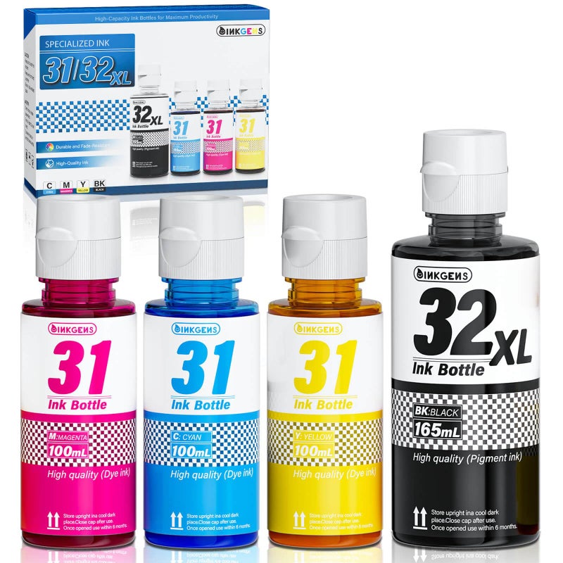inkgens 31 32XL Ink Bottle Set Refill for HP Smart Tank 7600 7602 7300 7301 7001, 5000 5101 5102, 6000 6001 651 551 Printer. Black CMY - Image 1